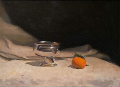 Stilleben med sølvskål og mandarin